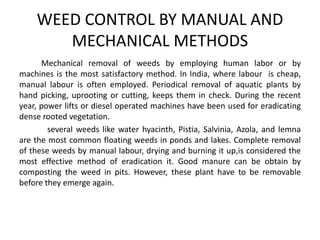 Mechanical removal of weeds by employing human labor or by
machines is the most satisfactory method. In India, where labour is cheap,
manual labour is often employed. Periodical removal of aquatic plants by
hand picking, uprooting or cutting, keeps them in check. During the recent
year, power lifts or diesel operated machines have been used for eradicating
dense rooted vegetation.
several weeds like water hyacinth, Pistia, Salvinia, Azola, and lemna
are the most common floating weeds in ponds and lakes. Complete removal
of these weeds by manual labour, drying and burning it up,is considered the
most effective method of eradication it. Good manure can be obtain by
composting the weed in pits. However, these plant have to be removable
before they emerge again.
WEED CONTROL BY MANUAL AND
MECHANICAL METHODS
 