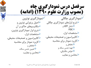 ‫چاه‬ ‫نمودارگیری‬ ‫درس‬ ‫سرفصل‬
(‫علوم‬ ‫وزارت‬ ‫مصوب‬1390( )‫ادامه‬)
‫چگالی‬ ‫نمودارگیری‬
‫ابزار‬ ‫شرح‬‫چگالی‬ ‫نمودارگیری‬ ‫های‬
‫شامل‬LDT‫و‬
FDC
،‫ابزار‬ ‫مشخصات‬
‫محی‬ ‫تصحیحات‬ ‫و‬ ‫کالیبراسیون‬،‫طی‬
‫محاسبه‬ ‫برای‬ ‫نمودار‬ ‫کاربرد‬
‫و‬ ‫تخلخل‬
‫و‬ ‫سنگ‬ ‫جنس‬ ‫تهیه‬
،‫مکانیکی‬ ‫خواص‬
‫معایب‬ ‫و‬ ‫محاسن‬
‫نوترون‬ ‫نمودارگیری‬
‫و‬ ‫نوترون‬ ‫پرتوزایی‬ ‫اصول‬
‫مکانیسم‬‫آن‬ ‫بر‬ ‫حاکم‬ ‫های‬
،‫نوترون‬ ‫نمودارگیری‬ ‫ابزار‬ ‫شرح‬
،‫ابزار‬ ‫مشخصات‬
‫محی‬ ‫تصحیحات‬ ‫و‬ ‫کالیبراسیون‬،‫طی‬
‫محاسبه‬ ‫برای‬ ‫نمودار‬ ‫کاربرد‬
‫و‬ ‫تخلخل‬
،‫سنگ‬ ‫جنس‬ ‫تعیین‬
،‫معایب‬ ‫و‬ ‫محاسن‬
2-Jan-16‫چاه‬ ‫از‬ ‫نمودارگیری‬(‫ششم‬ ‫ویرایش‬)‫مهر‬ ،94‫ح‬ ،.‫اعلمی‬‫نیا‬17
 