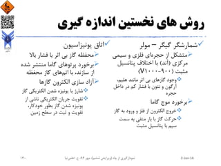 ‫گیری‬ ‫اندازه‬ ‫نخستین‬ ‫های‬ ‫روش‬
‫گیگر‬ ‫شمارشگر‬–‫مولر‬
‫حجره‬ ‫از‬ ‫متشکل‬‫سیمی‬ ‫و‬ ‫فلزی‬ ‫ای‬
‫مرکزی‬(‫آند‬)‫پتانسی‬ ‫اختالف‬ ‫با‬‫ل‬
‫مثبت‬(900-1000V)
،‫هلیم‬ ‫مانند‬ ‫اثر‬ ‫بی‬ ‫گازهای‬ ‫وجود‬
‫داخل‬ ‫در‬ ‫کم‬ ‫فشار‬ ‫با‬ ‫نئون‬ ‫و‬ ‫آرگون‬
‫حجره‬
‫گاما‬ ‫موج‬ ‫برخورد‬
‫گاز‬ ‫به‬ ‫ورود‬ ‫و‬ ‫فلز‬ ‫از‬ ‫الکترون‬ ‫خروج‬
‫سمت‬ ‫به‬ ‫منفی‬ ‫بار‬ ‫با‬ ‫گاز‬ ‫حرکت‬
‫مثبت‬ ‫پتانسیل‬ ‫با‬ ‫سیم‬
‫یونیزاسیون‬ ‫اتاق‬
‫باال‬ ‫فشار‬ ‫با‬ ‫اثر‬ ‫بی‬ ‫گاز‬ ‫محفظه‬
‫شد‬ ‫منتشر‬ ‫گاما‬ ‫پرتوهای‬ ‫برخورد‬‫ه‬
‫اتم‬ ‫با‬ ،‫سازند‬ ‫از‬‫محفظه‬ ‫گاز‬ ‫های‬
‫گازها‬ ‫الکترون‬ ‫سازی‬ ‫آزاد‬
‫گ‬ ‫الکتریکی‬ ‫شدن‬ ‫یونیزه‬ ‫یا‬ ‫شارژ‬‫از‬
‫ا‬ ‫ناشی‬ ‫الکتریکی‬ ‫جریان‬ ‫تقویت‬‫ز‬
،‫خودکار‬ ‫بطور‬ ‫گاز‬ ‫شدن‬ ‫یونیزه‬
‫زمین‬ ‫سطح‬ ‫در‬ ‫ثبت‬ ‫و‬ ‫تقویت‬
2-Jan-16‫چاه‬ ‫از‬ ‫نمودارگیری‬(‫ششم‬ ‫ویرایش‬)‫مهر‬ ،94‫ح‬ ،.‫اعلمی‬‫نیا‬130
 