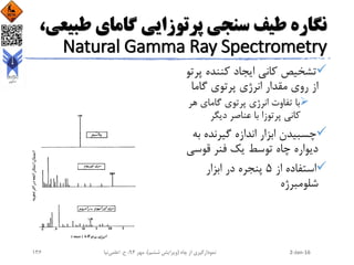 ‫طب‬ ‫گامای‬ ‫پرتوزایی‬ ‫سنجی‬ ‫طیف‬ ‫نگاره‬،‫یعی‬
Natural Gamma Ray Spectrometry
‫پ‬ ‫کننده‬ ‫ایجاد‬ ‫کانی‬ ‫تشخیص‬‫رتو‬
‫گاما‬ ‫پرتوی‬ ‫انرژی‬ ‫مقدار‬ ‫روی‬ ‫از‬
‫هر‬ ‫گامای‬ ‫پرتوی‬ ‫انرژی‬ ‫تفاوت‬ ‫با‬
‫دیگر‬ ‫عناصر‬ ‫با‬ ‫پرتوزا‬ ‫کانی‬
‫ب‬ ‫گیرنده‬ ‫اندازه‬ ‫ابزار‬ ‫چسبیدن‬‫ه‬
‫قوسی‬ ‫فنر‬ ‫یک‬ ‫توسط‬ ‫چاه‬ ‫دیواره‬
‫از‬ ‫استفاده‬5‫ابزار‬ ‫در‬ ‫پنجره‬
‫شلومبرژه‬
2-Jan-16‫چاه‬ ‫از‬ ‫نمودارگیری‬(‫ششم‬ ‫ویرایش‬)‫مهر‬ ،94‫ح‬ ،.‫اعلمی‬‫نیا‬136
 