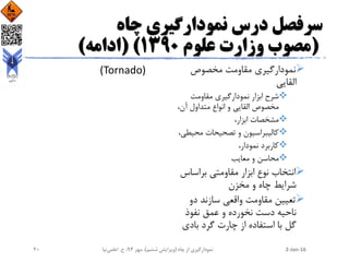 ‫چاه‬ ‫نمودارگیری‬ ‫درس‬ ‫سرفصل‬
(‫علوم‬ ‫وزارت‬ ‫مصوب‬1390( )‫ادامه‬)
‫مخصوص‬ ‫مقاومت‬ ‫نمودارگیری‬
‫القایی‬
‫مقاومت‬ ‫نمودارگیری‬ ‫ابزار‬ ‫شرح‬
،‫آن‬ ‫متداول‬ ‫انواع‬ ‫و‬ ‫القایی‬ ‫مخصوص‬
،‫ابزار‬ ‫مشخصات‬
‫محیط‬ ‫تصحیحات‬ ‫و‬ ‫کالیبراسیون‬،‫ی‬
،‫نمودار‬ ‫کاربرد‬
‫معایب‬ ‫و‬ ‫محاسن‬
‫براساس‬ ‫مقاومتی‬ ‫ابزار‬ ‫نوع‬ ‫انتخاب‬
‫مخزن‬ ‫و‬ ‫چاه‬ ‫شرایط‬
‫دو‬ ‫سازند‬ ‫واقعی‬ ‫مقاومت‬ ‫تعیین‬
‫نفوذ‬ ‫عمق‬ ‫و‬ ‫نخورده‬ ‫دست‬ ‫ناحیه‬
‫بادی‬ ‫گرد‬ ‫چارت‬ ‫از‬ ‫استفاده‬ ‫با‬ ‫گل‬
(Tornado)
2-Jan-16‫چاه‬ ‫از‬ ‫نمودارگیری‬(‫ششم‬ ‫ویرایش‬)‫مهر‬ ،94‫ح‬ ،.‫اعلمی‬‫نیا‬20
 
