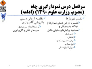 ‫چاه‬ ‫نمودارگیری‬ ‫درس‬ ‫سرفصل‬
(‫علوم‬ ‫وزارت‬ ‫مصوب‬1390( )‫ادامه‬)
‫نمودارها‬ ‫تفسیر‬
‫نمودار‬ ‫دستی‬ ‫ارزیابی‬ ‫و‬ ‫تفسیر‬‫از‬ ‫ها‬
‫و‬ ‫پتروفیزیکی‬ ‫دیدگاه‬
‫پارامتر‬ ‫محاسبه‬‫شامل‬ ‫مخزنی‬ ‫های‬
،‫شیل‬ ‫حجم‬
،‫تخلخل‬
‫و‬ ‫سنگ‬ ‫جنس‬ ‫ترکیب‬
‫و‬ ‫سیال‬ ‫نوع‬
‫شدگی‬ ‫اشباع‬ ‫میزان‬
‫دستی‬ ‫ارزیابی‬ ‫مقایسه‬
‫کامپیوتری‬ ‫ارزیابی‬ ‫با‬
‫نمودار‬ ‫از‬ ‫استفاده‬ ‫با‬‫های‬
‫حوزه‬‫ایران‬ ‫گازی‬ ‫و‬ ‫نفتی‬ ‫های‬
2-Jan-16‫چاه‬ ‫از‬ ‫نمودارگیری‬(‫ششم‬ ‫ویرایش‬)‫مهر‬ ،94‫ح‬ ،.‫اعلمی‬‫نیا‬21
 