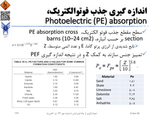 ،‫فوتوالکتریک‬ ‫جذب‬ ‫گیری‬ ‫اندازه‬
Photoelectric (PE) absorption
،‫الکتریک‬ ‫فوتو‬ ‫جذب‬ ‫مقطع‬ ‫سطح‬PE absorption cross
section،‫انباره‬ ‫حسب‬ ‫بر‬barns (10–24 cm2)
،‫گاما‬ ‫پرتو‬ ‫انرژی‬ ‫از‬ ‫شدیدی‬ ‫تابع‬E،‫متوسط‬ ‫اتمی‬ ‫عدد‬ ‫و‬Z
‫کمک‬ ‫به‬ ‫سازند‬ ‫جنس‬ ‫تمییز‬Z‫گیری‬ ‫اندازه‬ ‫نتیجه‬ ‫در‬ ‫و‬PEF
Material Pe
Sand 1.81
Shale 3-4
Limestone 5.08
Dolomite 3.14
Salt 4.65
Anhydrite 5.05
2-Jan-16‫چاه‬ ‫از‬ ‫نمودارگیری‬(‫ششم‬ ‫ویرایش‬)‫مهر‬ ،94‫ح‬ ،.‫اعلمی‬‫نیا‬174
 
