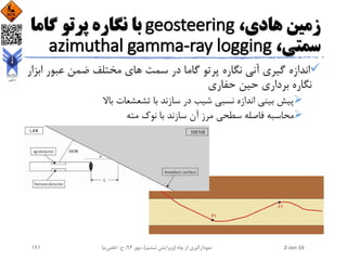 ،‫هادی‬ ‫زمین‬geosteering‫گام‬ ‫پرتو‬ ‫نگاره‬ ‫با‬‫ا‬
،‫سمتی‬azimuthal gamma-ray logging
‫عبو‬ ‫ضمن‬ ‫مختلف‬ ‫های‬ ‫سمت‬ ‫در‬ ‫گاما‬ ‫پرتو‬ ‫نگاره‬ ‫آنی‬ ‫گیری‬ ‫اندازه‬‫ابزار‬ ‫ر‬
‫حفاری‬ ‫حین‬ ‫برداری‬ ‫نگاره‬
‫باال‬ ‫تشعشعات‬ ‫با‬ ‫سازند‬ ‫در‬ ‫شیب‬ ‫نسبی‬ ‫اندازه‬ ‫بینی‬ ‫پیش‬
‫مته‬ ‫نوک‬ ‫با‬ ‫سازند‬ ‫آن‬ ‫مرز‬ ‫سطحی‬ ‫فاصله‬ ‫محاسبه‬
2-Jan-16‫چاه‬ ‫از‬ ‫نمودارگیری‬(‫ششم‬ ‫ویرایش‬)‫مهر‬ ،94‫ح‬ ،.‫اعلمی‬‫نیا‬191
 