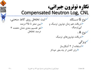 ،‫جبرانی‬ ‫نوترون‬ ‫نگاره‬
Compensated Neutron Log, CNL
‫نوع‬G‫دستگاه‬
‫و‬ ‫ترمیک‬ ‫نوترون‬ ‫زمان‬ ‫هم‬ ‫دریافت‬
‫ترمیک‬‫اپی‬
‫نوع‬A:
‫ترمیک‬ ‫های‬‫نوترون‬ ‫دریافت‬
‫ویژگی‬
‫از‬ ‫استفاده‬2‫آشکارساز‬
‫اثر‬ ‫کاهش‬ ‫برای‬‫خودکار‬ ‫بطور‬ ‫چاه‬
‫کاغذ‬ ‫روی‬ ‫تخلخل‬ ‫ثبت‬‫منحنی‬،
‫بین‬‫تا‬ ‫صفر‬45‫درصد‬
‫هر‬‫دهنده‬ ‫نشان‬ ‫بندی‬ ‫تقسیم‬3
‫درصد‬‫تخلخل‬
2-Jan-16‫چاه‬ ‫از‬ ‫نمودارگیری‬(‫ششم‬ ‫ویرایش‬)‫مهر‬ ،94‫ح‬ ،.‫اعلمی‬‫نیا‬210
 