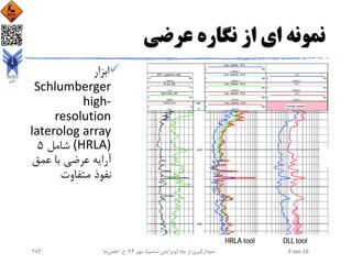 ‫عرضی‬ ‫نگاره‬ ‫از‬ ‫ای‬ ‫نمونه‬
‫ابزار‬
Schlumberger
high-
resolution
laterolog array
(HRLA)‫شامل‬5
‫عمق‬ ‫با‬ ‫عرضی‬ ‫آرایه‬
‫متفاوت‬ ‫نفوذ‬
2-Jan-16‫چاه‬ ‫از‬ ‫نمودارگیری‬(‫ششم‬ ‫ویرایش‬)‫مهر‬ ،94‫ح‬ ،.‫اعلمی‬‫نیا‬283
 
