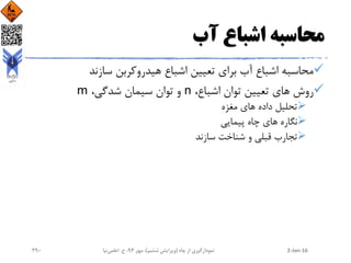 ‫آب‬ ‫اشباع‬ ‫محاسبه‬
‫سازند‬ ‫هیدروکربن‬ ‫اشباع‬ ‫تعیین‬ ‫برای‬ ‫آب‬ ‫اشباع‬ ‫محاسبه‬
،‫اشباع‬ ‫توان‬ ‫تعیین‬ ‫های‬ ‫روش‬n،‫شدگی‬ ‫سیمان‬ ‫توان‬ ‫و‬m
‫مغزه‬ ‫های‬ ‫داده‬ ‫تحلیل‬
‫پیمایی‬ ‫چاه‬ ‫های‬ ‫نگاره‬
‫سازند‬ ‫شناخت‬ ‫و‬ ‫قبلی‬ ‫تجارب‬
2-Jan-16‫چاه‬ ‫از‬ ‫نمودارگیری‬(‫ششم‬ ‫ویرایش‬)‫مهر‬ ،94‫ح‬ ،.‫اعلمی‬‫نیا‬290
 