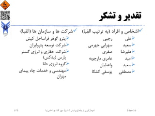 ‫تشکر‬ ‫و‬ ‫تقدیر‬
‫افراد‬ ‫و‬ ‫اشخاص‬(‫الفب‬ ‫ترتیب‬ ‫به‬‫ا‬)
‫علی‬‫رجبی‬
‫سعید‬‫جهرمی‬ ‫سهرابی‬
‫علیرضا‬‫صفری‬
‫امید‬‫مارچوبه‬ ‫عامری‬
‫سعید‬‫واعظیان‬
‫مصطفی‬‫کشکا‬ ‫یوسفی‬
‫ها‬ ‫سازمان‬ ‫و‬ ‫ها‬ ‫شرکت‬(‫الفبا‬)
‫کیش‬ ‫فراساحل‬ ‫گوهر‬ ‫پترو‬
‫پتروایران‬ ‫توسعه‬ ‫شرکت‬
‫گستر‬ ‫انرژی‬ ‫و‬ ‫حفاری‬ ‫شرکت‬
‫پارس‬(‫پدکس‬)
‫دانا‬ ‫انرژی‬ ‫گروه‬
‫پیمای‬ ‫چاه‬ ‫خدمات‬ ‫و‬ ‫مهندسی‬
‫مهران‬
2-Jan-16‫چاه‬ ‫از‬ ‫نمودارگیری‬(‫ششم‬ ‫ویرایش‬)‫مهر‬ ،94‫ح‬ ،.‫اعلمی‬‫نیا‬525
 