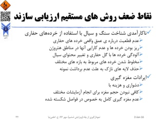 ‫س‬ ‫ارزیابی‬ ‫مستقیم‬ ‫های‬ ‫روش‬ ‫ضعف‬ ‫نقاط‬‫ازند‬
‫خرده‬ ‫از‬ ‫استفاده‬ ‫با‬ ‫سیال‬ ‫و‬ ‫سنگ‬ ‫شناخت‬ ‫ناکارآمدی‬‫حفاری‬ ‫های‬
‫حفاری‬ ‫های‬ ‫خرده‬ ‫واقعی‬ ‫عمق‬ ‫ی‬ ‫درباره‬ ‫قطعیت‬ ‫عدم‬
‫هتروژن‬ ‫مناطق‬ ‫در‬ ‫آنها‬ ‫کارایی‬ ‫عدم‬ ‫و‬ ‫ها‬ ‫خرده‬ ‫بودن‬ ‫ریز‬
‫سیال‬ ‫محتوای‬ ‫تغییر‬ ‫و‬ ‫حفاری‬ ‫گل‬ ‫با‬ ‫ها‬ ‫خرده‬ ‫آلودگی‬
‫مختلف‬ ‫های‬ ‫بازه‬ ‫به‬ ‫مربوط‬ ‫های‬ ‫خرده‬ ‫شدن‬ ‫مخلوط‬
‫نمونه‬ ‫برداشت‬ ‫عدم‬ ‫علت‬ ‫به‬ ‫نازک‬ ‫های‬ ‫الیه‬ ‫حذف‬
‫گیری‬ ‫مغزه‬ ‫ایرادات‬
‫با‬ ‫هزینه‬ ‫و‬ ‫دشواری‬
‫مختلف‬ ‫آزمایشات‬ ‫انجام‬ ‫برای‬ ‫مغزه‬ ‫حجم‬ ‫نبودن‬ ‫کافی‬
‫شده‬ ‫شکسته‬ ‫فواصل‬ ‫در‬ ‫خصوص‬ ‫به‬ ‫کامل‬ ‫گیری‬ ‫مغزه‬ ‫عدم‬
2-Jan-16‫چاه‬ ‫از‬ ‫نمودارگیری‬(‫ششم‬ ‫ویرایش‬)‫مهر‬ ،94‫ح‬ ،.‫اعلمی‬‫نیا‬42
 