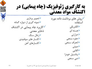 ‫ژئوفیزیک‬ ‫کارگیری‬ ‫به‬(‫پیمایی‬ ‫چاه‬)‫در‬
‫معدنی‬ ‫مواد‬ ‫اکتشاف‬
‫مورد‬ ‫داده‬ ‫برداشت‬ ‫های‬ ‫روش‬
‫استفاده‬
‫الکتریکی‬
‫ای‬ ‫هسته‬
‫حرارتی‬
‫سنجی‬ ‫حفره‬
‫سنجی‬ ‫انحراف‬
‫صوتی‬
‫القایی‬
‫خودزا‬ ‫پتانسیل‬
‫سنجی‬ ‫دبی‬
‫برداری‬ ‫تصویر‬
‫گمانه‬ ‫دیواره‬ ‫از‬ ‫گیری‬ ‫نمونه‬
‫اکتشاف‬ ‫در‬ ‫پیمایی‬ ‫چاه‬ ‫کاربرد‬
‫معدنی‬ ‫ذخایر‬
‫سنگ‬ ‫زغال‬
‫سولفیدی‬ ‫های‬ ‫کانسار‬
‫آهن‬ ‫کانسارهای‬
2-Jan-16‫چاه‬ ‫از‬ ‫نمودارگیری‬(‫ششم‬ ‫ویرایش‬)‫مهر‬ ،94‫ح‬ ،.‫اعلمی‬‫نیا‬46
 