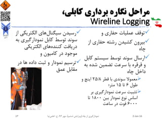 ،‫کابلی‬ ‫برداری‬ ‫نگاره‬ ‫مراحل‬
Wireline Logging
‫و‬ ‫حفاری‬ ‫عملیات‬ ‫توقف‬
‫از‬ ‫حفاری‬ ‫رشته‬ ‫کشیدن‬ ‫بیرون‬
‫چاه‬
‫ک‬ ‫سیستم‬ ‫توسط‬ ‫سوند‬ ‫ارسال‬‫ابل‬
‫ب‬ ‫شده‬ ‫تضمین‬ ‫سرعت‬ ‫با‬ ‫قرقره‬ ‫و‬‫ه‬
‫چاه‬ ‫داخل‬
‫قطر‬ ‫با‬ ‫سوندی‬ ‫معموال‬8/25‫و‬ ‫اینچ‬
‫طول‬6‫تا‬15‫متر؛‬
‫بر‬ ‫نمودارگیری‬ ‫سرعت‬ ‫تثبیت‬
‫بین‬ ‫نمودار‬ ‫نوع‬ ‫اساس‬1800‫تا‬
6000‫ساعت‬ ‫در‬ ‫فوت‬
‫سیگنال‬ ‫رسیدن‬‫الکتریک‬ ‫های‬‫از‬ ‫ی‬
‫نمودارگیری‬ ‫کابل‬ ‫توسط‬ ‫سوند‬‫به‬
‫کننده‬ ‫دریافت‬‫الکتریکی‬ ‫های‬
‫و‬ ‫کامیون‬ ‫در‬ ‫موجود‬
‫در‬ ‫ها‬ ‫داده‬ ‫ثبت‬ ‫و‬ ‫نمودار‬ ‫ترسیم‬
‫عمق‬ ‫مقابل‬
2-Jan-16‫چاه‬ ‫از‬ ‫نمودارگیری‬(‫ششم‬ ‫ویرایش‬)‫مهر‬ ،94‫ح‬ ،.‫اعلمی‬‫نیا‬53
 