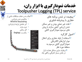 ،‫ران‬ ‫ابزار‬ ‫با‬ ‫نمودارگیری‬ ‫خدمات‬
Toolpusher Logging (TPL) service
‫های‬ ‫برنامه‬ ‫شدن‬ ‫تر‬ ‫پیچیده‬
‫فناوری‬ ‫پیشرفته‬ ‫با‬ ‫حفاری‬
‫ممکن‬ ‫غیر‬ ‫و‬ ‫بودن‬ ‫عملی‬ ‫غیر‬ ‫علت‬
‫ر‬ ‫با‬ ‫سازند‬ ‫کیفی‬ ‫ارزیابی‬ ‫شدن‬‫وش‬
‫کابلی‬ ‫نمودارگیری‬ ‫مرسوم‬ ‫های‬
‫کارکرد‬ ‫اصول‬
‫انت‬ ‫برای‬ ‫حفاری‬ ‫لوله‬ ‫از‬ ‫استفاده‬‫قال‬
‫الکتریکی‬ ‫ابزارهای‬ ‫موثر‬
‫به‬ ‫مرسوم‬ ‫کابلی‬ ‫نمودارگیری‬
‫نظر‬ ‫مورد‬ ‫منطقه‬
‫ابزار‬ ‫هدایت‬ ‫مشکل‬ ‫سازی‬ ‫برطرف‬
‫چ‬ ‫افقی‬ ‫و‬ ‫انحرافی‬ ‫بسیار‬ ‫بخش‬ ‫در‬‫اه‬
‫ا‬ ‫ناشی‬ ‫مشکالت‬ ‫حذف‬ ‫بر‬ ‫به‬ ‫کمک‬‫ز‬
•،‫وایرالین‬ ‫شدن‬ ‫جاکلیدی‬
Wireline keyseating
•‫وایرالین‬ ‫یا‬ ‫ابزارها‬ ‫تفاضلی‬ ‫گیر‬،
•‫سازند‬ ‫تورم‬
•‫سنگین‬ ‫گل‬
•،‫سگدست‬Doglegs
2-Jan-16‫چاه‬ ‫از‬ ‫نمودارگیری‬(‫ششم‬ ‫ویرایش‬)‫مهر‬ ،94‫ح‬ ،.‫اعلمی‬‫نیا‬55
 
