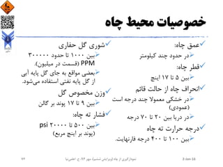 ‫چاه‬ ‫محیط‬ ‫خصوصیات‬
‫چاه‬ ‫عمق‬:
‫کیلومتر‬ ‫چند‬ ‫حدود‬ ‫در‬
‫چاه‬ ‫قطر‬:
‫بین‬5‫تا‬17‫اینچ‬
‫قائم‬ ‫حالت‬ ‫از‬ ‫چاه‬ ‫انحراف‬
‫است‬ ‫درجه‬ ‫چند‬ ‫معموال‬ ‫خشکی‬ ‫در‬
(‫عمودی‬)
‫بین‬ ‫دریا‬ ‫در‬20‫تا‬70‫درجه‬
‫چاه‬ ‫ته‬ ‫حرارت‬ ‫درجه‬
‫بین‬100‫تا‬400‫فارنهایت‬ ‫درجه‬.
‫حفاری‬ ‫گل‬ ‫شوری‬
‫بین‬1000‫حدود‬ ‫تا‬300000
PPM(‫میلیون‬ ‫در‬ ‫قسمت‬.)
‫آب‬ ‫پایه‬ ‫گل‬ ‫جای‬ ‫به‬ ‫مواقع‬ ‫بعضی‬‫ی‬
‫می‬ ‫استفاده‬ ‫نفتی‬ ‫پایه‬ ‫گل‬ ‫از‬‫ش‬‫ود‬.
‫گل‬ ‫مخصوص‬ ‫وزن‬
‫بین‬9‫تا‬17‫گالن‬ ‫بر‬ ‫پوند‬
‫چاه‬ ‫ته‬ ‫فشار‬:
‫بین‬500‫تا‬20000psi
(‫مربع‬ ‫اینچ‬ ‫بر‬ ‫پوند‬)
2-Jan-16‫چاه‬ ‫از‬ ‫نمودارگیری‬(‫ششم‬ ‫ویرایش‬)‫مهر‬ ،94‫ح‬ ،.‫اعلمی‬‫نیا‬76
 