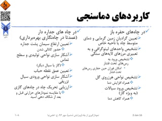 ‫دماسنجی‬ ‫کاربردهای‬
‫باز‬ ‫حفره‬ ‫های‬‫چاه‬ ‫در‬
‫دم‬ ‫و‬ ‫گرمایی‬ ‫زمین‬ ‫گرادیان‬ ‫تعیین‬‫ای‬
‫خاص‬ ‫ناحیه‬ ‫یا‬ ‫چاه‬ ‫متوسط‬
‫به‬ ‫و‬ ‫لیتوگرافی‬ ‫واحدهای‬ ‫تشخیص‬
‫سنگی‬ ‫های‬‫الیه‬ ‫های‬‫مرز‬ ‫تعبیری‬
‫به‬ ‫ورود‬ ‫تشخیص‬
‫فشار‬ ‫تحت‬ ‫های‬‫رس‬
•‫های‬‫رس‬ ‫حفاری‬ ‫حین‬ ‫فوران‬ ‫امکان‬
‫فشار‬ ‫تحت‬
‫گل‬ ‫هرزروی‬ ‫نواحی‬ ‫تشخیص‬
‫دما‬ ‫افزایش‬ ‫همراه‬
‫سیاالت‬ ‫ورود‬ ‫تشخیص‬
(‫گاز‬ ‫ویژه‬ ‫به‬)
‫دما‬ ‫کاهش‬ ‫همراه‬
‫دار‬ ‫جداره‬ ‫های‬ ‫چاه‬ ‫در‬
(‫برداری‬‫بهره‬ ‫نگاری‬‫چاه‬ ‫در‬ ‫عمدتا‬)
‫جداره‬ ‫پشت‬ ‫سیمان‬ ‫ارتفاع‬ ‫تعیین‬
‫شدن‬ ‫کانالی‬ ‫حضور‬
‫سطح‬ ‫و‬ ‫تولیدی‬ ‫نواحی‬ ‫سازی‬ ‫آشکار‬
‫تماس‬
(‫دیگر‬ ‫سیال‬ ‫یا‬ ‫گاز‬)
‫حباب‬ ‫نقطه‬ ‫عمق‬ ‫تعیین‬
‫سیال‬ ‫ورودی‬ ‫نواحی‬ ‫سازی‬ ‫آشکار‬
‫تزریقی‬
‫چاه‬ ‫در‬ ‫چاه‬ ‫تحریک‬ ‫ارزیابی‬‫گازی‬ ‫های‬
‫نمودار‬ ‫مقایسه‬ ‫با‬‫و‬ ‫قبل‬ ‫حرارتی‬ ‫های‬
‫اسید‬ ‫دهی‬ ‫شکاف‬ ‫از‬ ‫بعد‬
2-Jan-16‫چاه‬ ‫از‬ ‫نمودارگیری‬(‫ششم‬ ‫ویرایش‬)‫مهر‬ ،94‫ح‬ ،.‫اعلمی‬‫نیا‬108
 