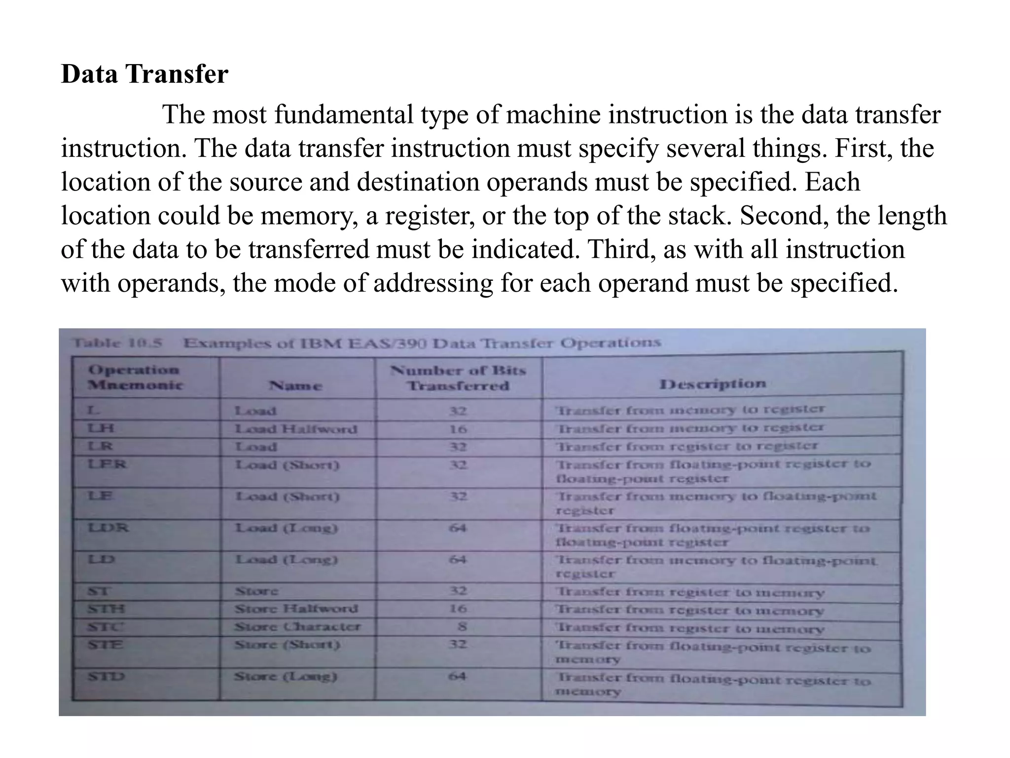 Data Transfer
The most fundamental type of machine instruction is the data transfer
instruction. The data transfer instruction must specify several things. First, the
location of the source and destination operands must be specified. Each
location could be memory, a register, or the top of the stack. Second, the length
of the data to be transferred must be indicated. Third, as with all instruction
with operands, the mode of addressing for each operand must be specified.
 