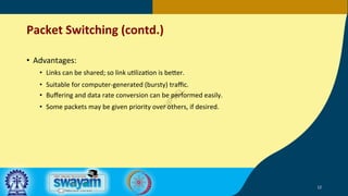 Packet Switching (contd.)
• Advantages:
• Links can be shared; so link u;liza;on is be@er.
• Suitable for computer-generat...
