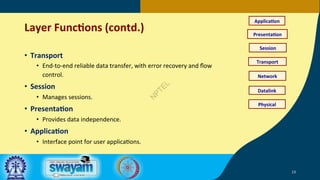 Layer FuncJons (contd.)
• Transport
• End-to-end reliable data transfer, with error recovery and ﬂow
control.
• Session
• ...