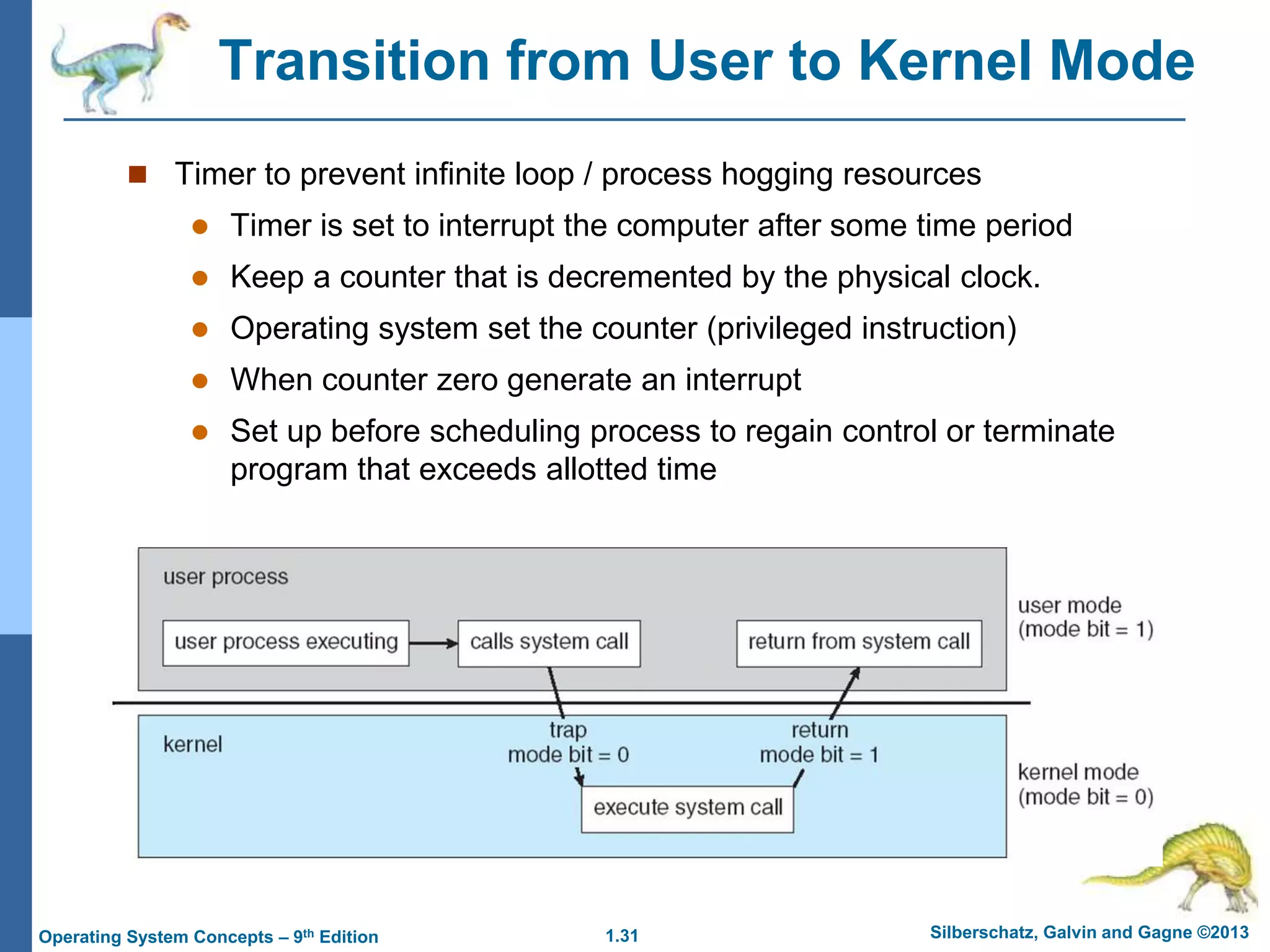 1.31 Silberschatz, Galvin and Gagne ©2013
Operating System Concepts – 9th Edition
Transition from User to Kernel Mode
 Timer to prevent infinite loop / process hogging resources
 Timer is set to interrupt the computer after some time period
 Keep a counter that is decremented by the physical clock.
 Operating system set the counter (privileged instruction)
 When counter zero generate an interrupt
 Set up before scheduling process to regain control or terminate
program that exceeds allotted time
 