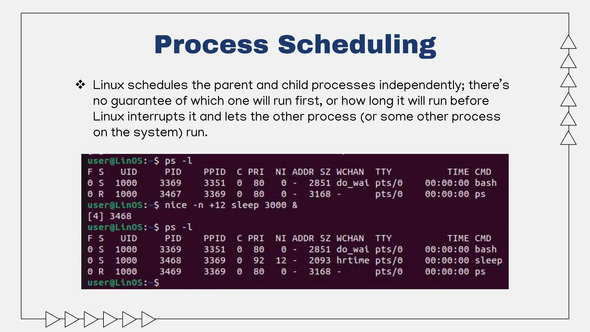 Process Scheduling
 Linux schedules the parent and child processes independently; there’s
no guarantee of which one will run first, or how long it will run before
Linux interrupts it and lets the other process (or some other process
on the system) run.
 