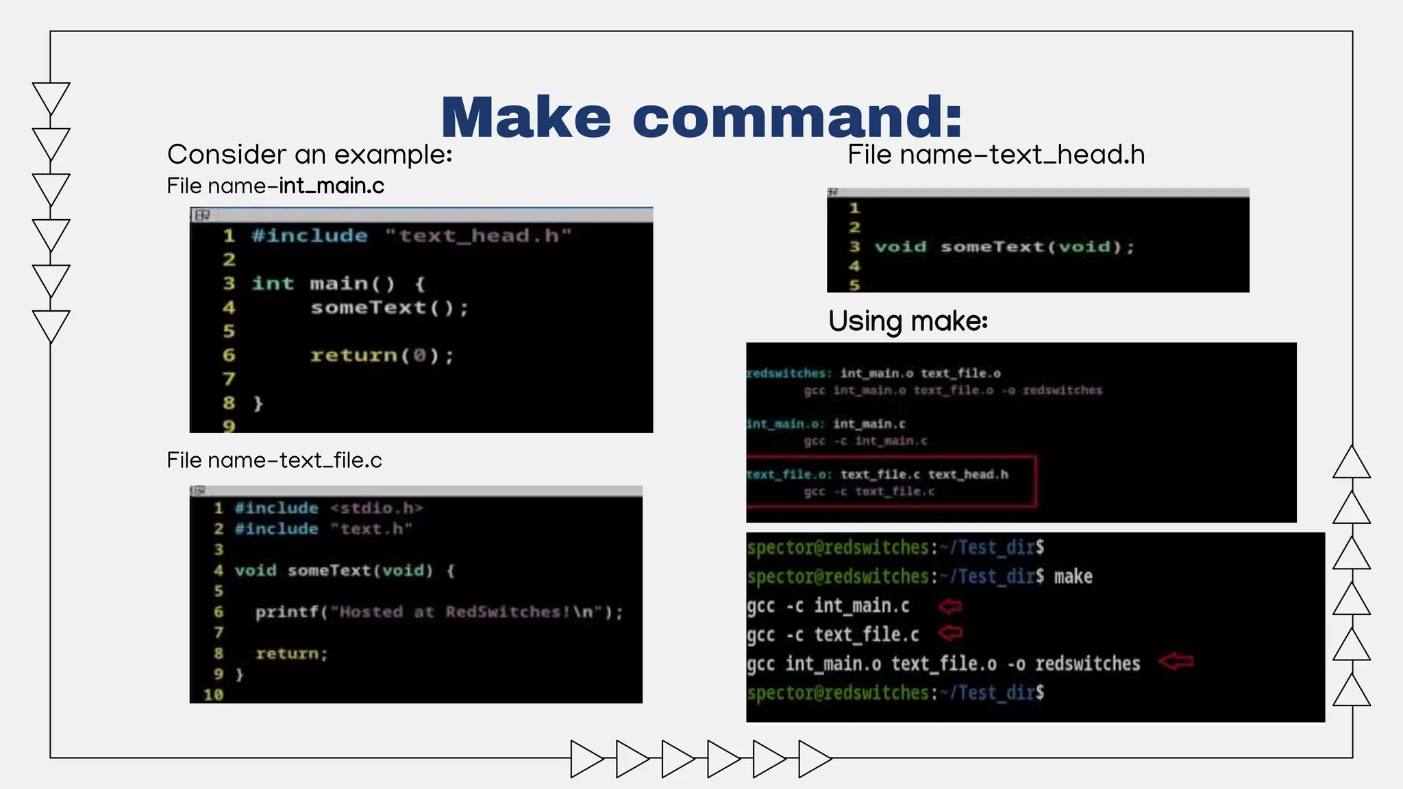 Make command:
Consider an example: File name-text_head.h
File name-int_main.c
File name-text_file.c
Using make:
 