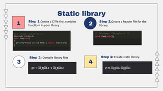 Step 4: Create static library.
3
2
Static library
Step 1:Create a C file that contains
functions in your library
Step 2:Create a header file for the
library
4
Step 3: Compile library files.
1
 
