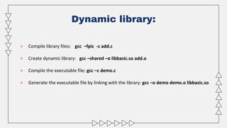 ● Compile library files: gcc –fpic -c add.c
● Create dynamic library: gcc –shared –o libbasic.so add.o
● Compile the executable file: gcc –c demo.c
● Generate the executable file by linking with the library: gcc –o demo demo.o libbasic.so
Dynamic library:
 