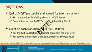 MQTT QoS
Industry 4.0 and Industrial Internet of Things6
 QoS of MQTT protocol is maintained for two transactions
 First transaction: Publishing client  MQTT Server
 Second transaction: MQTT Server  Subscribing Client
 Client on each transaction sets the QoS level
 For the first transaction, publishing client sets the QoS level
 For second transaction, client subscriber sets the QoS level
Source: Hanes, D, et al. (2017), "IoT Fundamentals: Networking Technologies, Protocols, and Use Cases for the Internet of Things", Cisco Press.
N
P
T
E
L
 