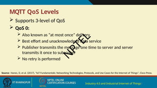 MQTT QoS Levels
Industry 4.0 and Industrial Internet of Things7
 Supports 3-level of QoS
 QoS 0:
 Also known as “at most once” delivery
 Best effort and unacknowledged data service
 Publisher transmits the message one time to server and server
transmits it once to subscriber
 No retry is performed
Source: Hanes, D, et al. (2017), "IoT Fundamentals: Networking Technologies, Protocols, and Use Cases for the Internet of Things", Cisco Press.
N
P
T
E
L
 