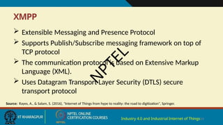 XMPP
Industry 4.0 and Industrial Internet of Things14
 Extensible Messaging and Presence Protocol
 Supports Publish/Subscribe messaging framework on top of
TCP protocol
 The communication protocol is based on Extensive Markup
Language (XML).
 Uses Datagram Transport Layer Security (DTLS) secure
transport protocol
Source: Rayes, A., & Salam, S. (2016), "Internet of Things from hype to reality: the road to digitization", Springer.
N
P
T
E
L
 