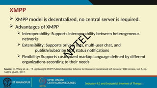 XMPP
Industry 4.0 and Industrial Internet of Things15
 XMPP model is decentralized, no central server is required.
 Advantages of XMPP
 Interoperability: Supports interoperability between heterogeneous
networks
 Extensibility: Supports privacy lists, multi-user chat, and
publish/subscribe chat status notifications
 Flexibility: Supports customized markup language defined by different
organizations according to their needs
Source: H. Wang et. al., "A Lightweight XMPP Publish/Subscribe Scheme for Resource-Constrained IoT Devices," IEEE Access, vol. 5, pp.
16393-16405, 2017.
N
P
T
E
L
 