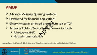 AMQP
Industry 4.0 and Industrial Internet of Things17
 Advance Message Queuing Protocol
 Optimized for financial applications
 Binary message-oriented protocol on top of TCP
 Supports Publish/Subscribe framework for both
 Point-to-point (P2P)
 Multipoint communication
Source: Rayes, A., & Salam, S. (2016), "Internet of Things from hype to reality: the road to digitization", Springer.
N
P
T
E
L
 