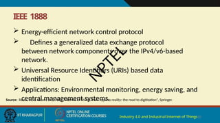 IEEE 1888
Industry 4.0 and Industrial Internet of Things20
 Energy-efficient network control protocol
 Defines a generalized data exchange protocol
between network components over the IPv4/v6-based
network.
 Universal Resource Identifiers (URIs) based data
identification
 Applications: Environmental monitoring, energy saving, and
central management systems.
Source: Rayes, A., & Salam, S. (2016), "Internet of Things from hype to reality: the road to digitization", Springer.
N
P
T
E
L
 