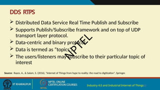 DDS RTPS
Industry 4.0 and Industrial Internet of Things22
 Distributed Data Service Real Time Publish and Subscribe
 Supports Publish/Subscribe framework and on top of UDP
transport layer protocol.
 Data-centric and binary protocol
 Data is termed as “topics”.
 The users/listeners may subscribe to their particular topic of
interest
Source: Rayes, A., & Salam, S. (2016), "Internet of Things from hype to reality: the road to digitization", Springer.
N
P
T
E
L
 