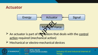 Actuator
Actuator
Energy Signal
Motion / Force
 An actuator is part of the system that deals with the control
action required (mechanical action)
 Mechanical or electro-mechanical devices
N
P
T
E
L
21
Industry 4.0 and Industrial Internet of
Things
 