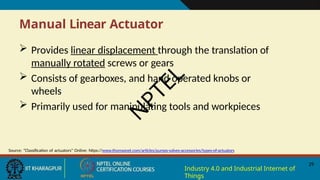 Manual Linear Actuator
Source: “Classification of actuators” Online: https://www.thomasnet.com/articles/pumps-valves-accessories/types-of-actuators
29
Industry 4.0 and Industrial Internet of
Things
 Provides linear displacement through the translation of
manually rotated screws or gears
 Consists of gearboxes, and hand operated knobs or
wheels
 Primarily used for manipulating tools and workpieces
N
P
T
E
L
 