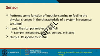 Sensor
5
Industry 4.0 and Industrial Internet of
Things
 Performs some function of input by sensing or feeling the
physical changes in the characteristic of a system in response
to stimuli
 Input: Physical parameter or stimuli
 Example: Temperature, light, gas, pressure, and sound
 Output: Response to stimuli
N
P
T
E
L
 