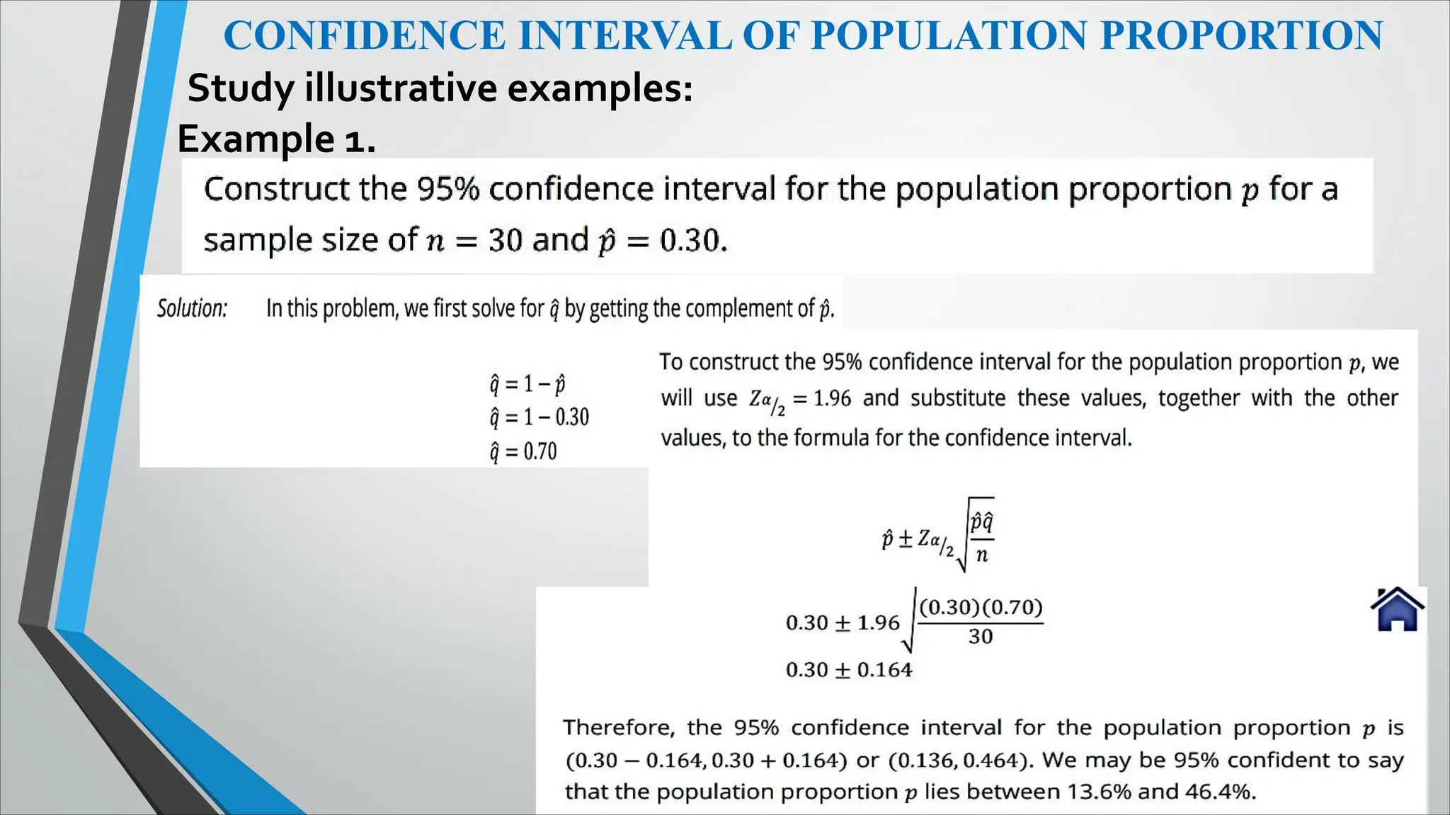 CONFIDENCE INTERVAL OF POPULATION PROPORTION
Study illustrative examples:
Example 1.
 