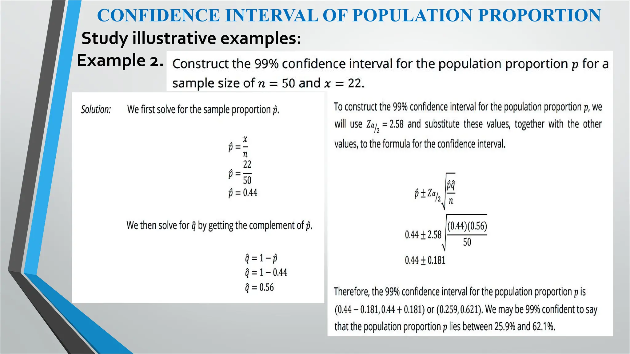 CONFIDENCE INTERVAL OF POPULATION PROPORTION
Study illustrative examples:
Example 2.
 