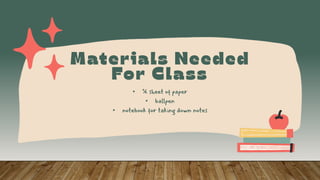 • ¼ sheet of paper
• ballpen
• notebook for taking down notes
 