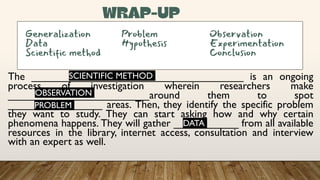The ____________________________________ is an ongoing
process of investigation wherein researchers make
________________________around them to spot
________________ areas. Then, they identify the specific problem
they want to study. They can start asking how and why certain
phenomena happens. They will gather ___________ from all available
resources in the library, internet access, consultation and interview
with an expert as well.
Generalization Problem Observation
Data Hypothesis Experimentation
Scientific method Conclusion
SCIENTIFIC METHOD
OBSERVATION
PROBLEM
DATA
 