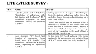 LITERATURE SURVEY :
S.NO PAPER SURVEY
5 M. R. Hans, Snehal C. Kor, A. S. Patil ;
“Identification of underground cable
fault location and development” 2017
International Conference on Data
Management, Analytics and Innovation
(ICDMAI)
• In this paper two methods are proposed to identify and
locate the faults on underground cables. One of the
methods is Murray Loop method and the other one is
Ohm‟s Law method.
• Murray loop method uses the whetstone bridge to
calculate exact distance of fault location from base
station and sends it to the user mobile. Whereas in
Ohm's law method, when any fault occurs, voltage
drop will vary depending on the length of fault in
cable, since the current varies.
6 Laxmi Goswami; “IOT Based Fault
Detection of Underground Cables
through Node MCU Module” 2020
International Conference on Computer
Science, Engineering and Applications
(ICCSEA)
• In this paper IOT based technique with Google
database for the fault detection with the help of Node
MCU Wifi Module is used. It is totally based on IOT.
 