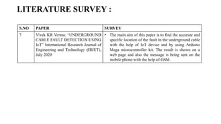 LITERATURE SURVEY :
S.NO PAPER SURVEY
7 Vivek KR Verma; “UNDERGROUND
CABLE FAULT DETECTION USING
IoT” International Research Journal of
Engineering and Technology (IRJET),
July 2020
• The main aim of this paper is to find the accurate and
specific location of the fault in the underground cable
with the help of IoT device and by using Arduino
Mega microcontroller kit. The result is shown on a
web page and also the message is being sent on the
mobile phone with the help of GSM.
 