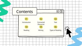 Introduction
Contents
01
Connected
Discourse
02
Text
03
Reading
04
Writing
05
Types of Reading
06
 