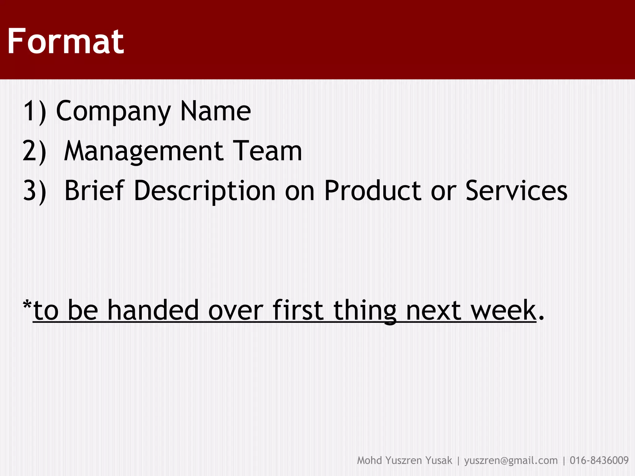 Format 1) Company Name Management Team Brief Description on Product or Services * to be handed over first thing next week . 