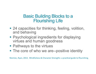 Basic Building Blocks to a
Flourishing Life
§ 24 capacities for thinking, feeling, volition,
and behaving
§ Psychological ingredients for displaying
virtues and human goodness
§ Pathways to the virtues
§ The core of who we are--positive identity
Niemiec,	
  Ryan,	
  2013.	
  	
  Mindfulness	
  &	
  Character	
  Strengths:	
  a	
  pracBcal	
  guide	
  to	
  ﬂourishing.	
  
 