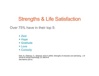 Strengths & Life Satisfaction
Over 75% have in their top 5:
§ Zest
§ Hope
§ Gratitude
§ Love
§ Curiosity
Park, N., Peterson, C., Seligman, M.E.P. (2004). Strengths of character and well-being, J of
Social & Clinical Psychology, 23, 609-619.
See Neimic (2013)
 