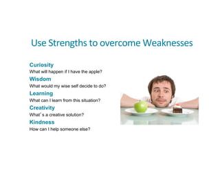 Curiosity
What will happen if I have the apple?
Wisdom
What would my wise self decide to do?
Learning
What can I learn from this situation?
Creativity
What’s a creative solution?
Kindness
How can I help someone else?
Use	
  Strengths	
  to	
  overcome	
  Weaknesses	
  
 