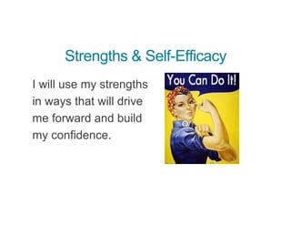 Strengths & Self-Efficacy
I will use my strengths
in ways that will drive
me forward and build
my confidence.
 