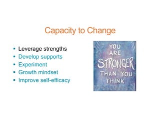 Capacity to Change
§ Leverage strengths
§ Develop supports
§ Experiment
§ Growth mindset
§ Improve self-efficacy
 