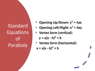 Standard
Equations
of
Parabola
• Opening Up/Down: y² = 4ax
• Opening Left/Right: x² = 4ay
• Vertex form (vertical):
y = a(x - h)² + k
• Vertex form (horizontal):
x = a(y - k)² + h
 